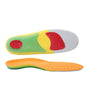 Colorful gel insoles with red cushioning zones for arch and heel support, ideal for comfort and sports