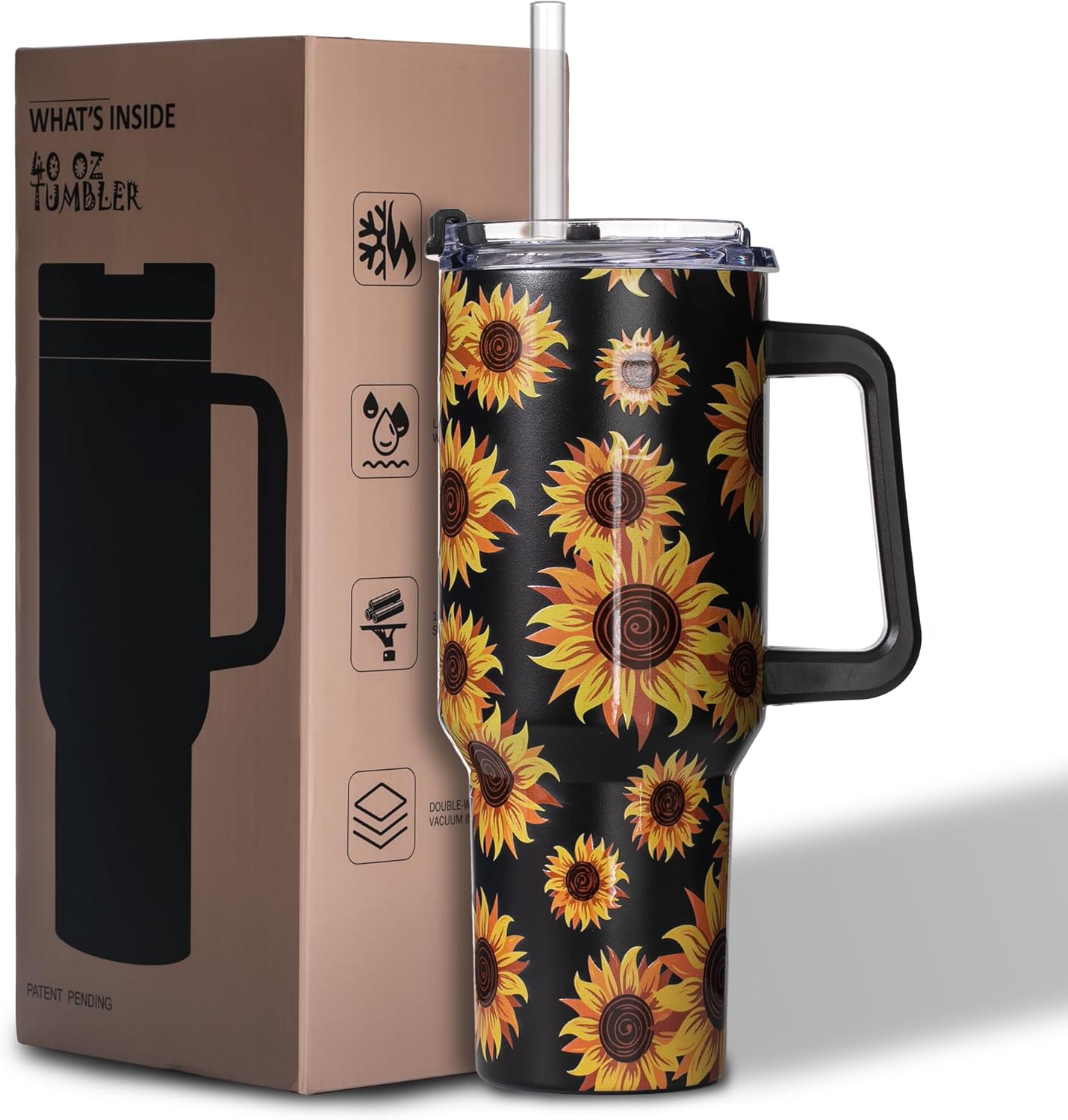 40oz Sunflower Tumbler with Handle – Sunflower Gifts for Women, Mom, Grandma, Wife & Daughter – Insulated Cup with Handle, Lid & Straw – Birthday & Mother’s Day Gifts for Best Friend, Teacher & Nurse - 7DAY'S