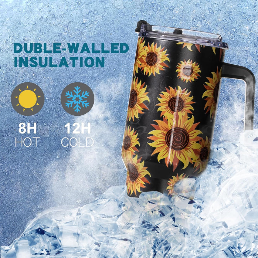 40oz Sunflower Tumbler with Handle – Sunflower Gifts for Women, Mom, Grandma, Wife & Daughter – Insulated Cup with Handle, Lid & Straw – Birthday & Mother’s Day Gifts for Best Friend, Teacher & Nurse - 7DAY'S