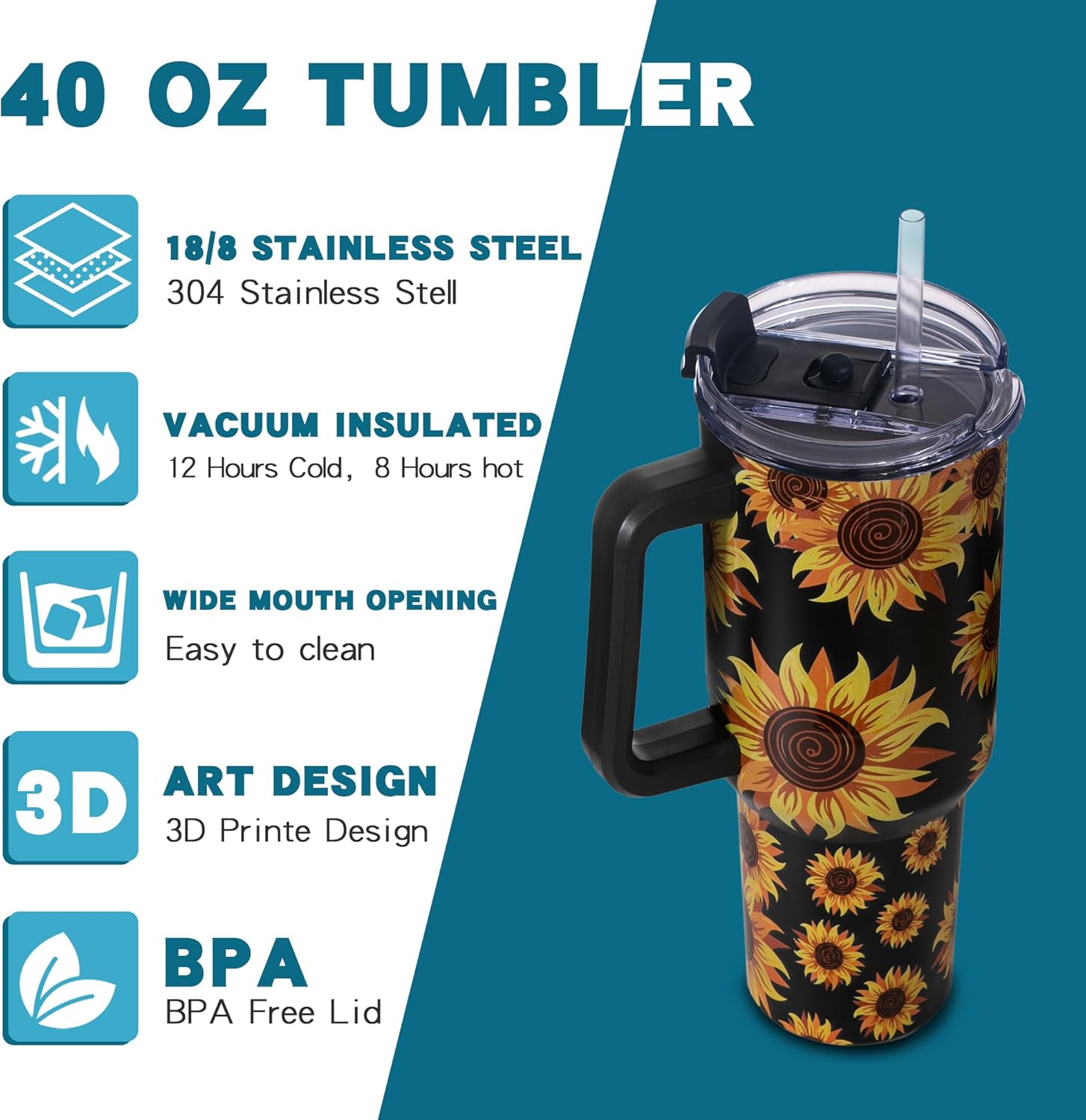 40oz Sunflower Tumbler with Handle – Sunflower Gifts for Women, Mom, Grandma, Wife & Daughter – Insulated Cup with Handle, Lid & Straw – Birthday & Mother’s Day Gifts for Best Friend, Teacher & Nurse - 7DAY'S