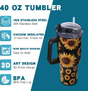 40oz Sunflower Tumbler with Handle – Sunflower Gifts for Women, Mom, Grandma, Wife & Daughter – Insulated Cup with Handle, Lid & Straw – Birthday & Mother’s Day Gifts for Best Friend, Teacher & Nurse - 7DAY'S