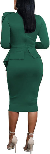 Women's Peplum Bodycon Long Sleeve Wear to Work Dresses Bow Party Club Ruffle Formal Cocktail Pencil Dress