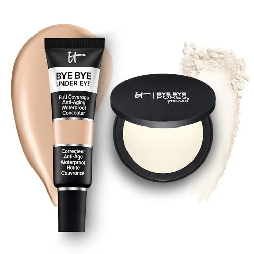 IT Cosmetics Bye Bye Undereye Full Coverage Eye Concealer (20.0 Medium - 0.4 fl oz) for Brightening & Color-Correcting & Bye Bye Pores Pressed Powder (Translucent) for Setting Face Makeup