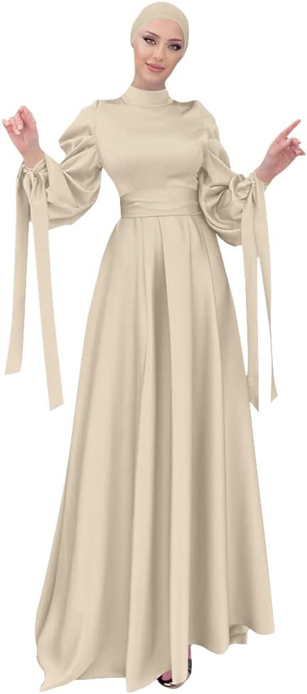 OBEEII Muslim Dress for Women Loose Full Cover Long Abaya Satin Dress Kaftan Abayas Islamic Robe S-XXL