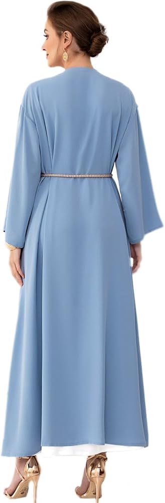 Muslim Abaya Long Sleeve Open Front Rhinestones Kaftan Cardigan Maxi Dress for Women with Belt