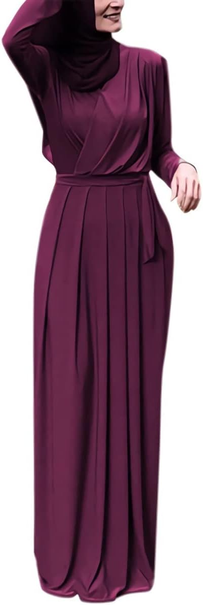 FPOVFPO Women's Muslim Abaya Dress - One-Piece V Neck Belt Tie Islamic Full Length Kaftan Daily Casual Dress