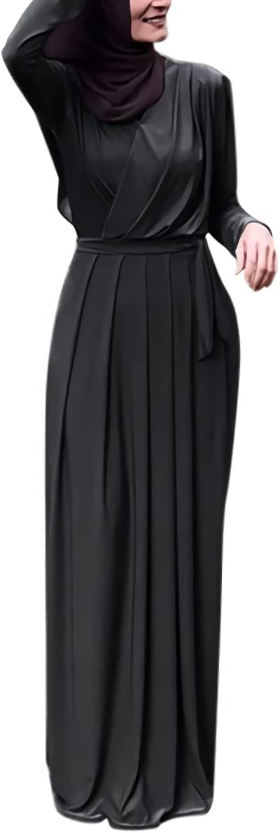 FPOVFPO Women's Muslim Abaya Dress - One-Piece V Neck Belt Tie Islamic Full Length Kaftan Daily Casual Dress