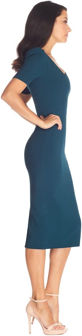 Dress the Population Womens Ruth Short Puff Sleeves Asymmetrical Neckline Bodycon Midi Dress