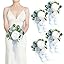 Ling's moment Artificial Bridesmaid Bouquets Set of 4,Dusty Blue Wedding Flower Bouquets White Floral Bouquet Light Blue Rose Bridal Bouquets with Ribbon,Ceremony,Anniversary,7-inch Diameter