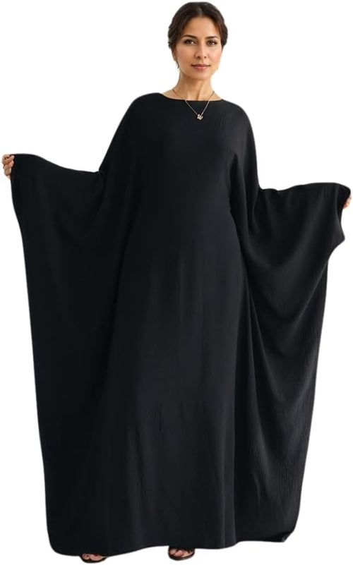 Abaya Dress for Women Soft Crepe Like Linen Khimar Butterfly Batwing Dubai Islam Muslim Kaftan Modest Prayer Dress