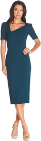 Dress the Population Womens Ruth Short Puff Sleeves Asymmetrical Neckline Bodycon Midi Dress