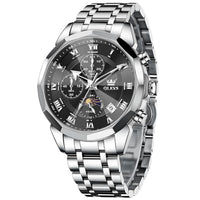 OLEVS Watches Men Luxury Chronograph Moon Phase Waterproof Luminous Watches for Men Analog Quartz Calendar Stainless Steel Strap Wrist Watches-(Black/Blue/Gold/Grey/Silver Face)