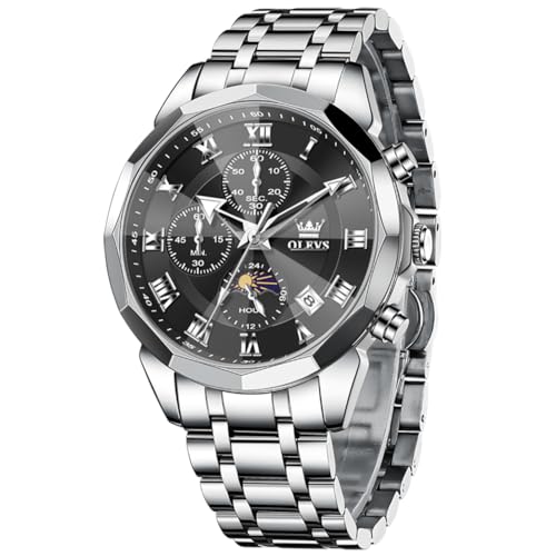 OLEVS Watches Men Luxury Chronograph Moon Phase Waterproof Luminous Watches for Men Analog Quartz Calendar Stainless Steel Strap Wrist Watches-(Black/Blue/Gold/Grey/Silver Face)