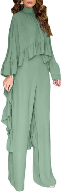 CHICME 2 Pieces Outfits for Women 2025 High-Low Ruffles Hem Cape Top and Casual Wide Leg Pants Travel Matching Sets