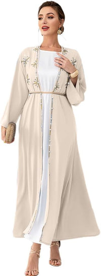 Muslim Abaya Long Sleeve Open Front Rhinestones Kaftan Cardigan Maxi Dress for Women with Belt