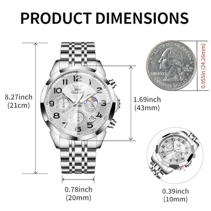 OLEVS Watches Men Luxury Chronograph Moon Phase Waterproof Luminous Watches for Men Analog Quartz Calendar Stainless Steel Strap Wrist Watches-(Black/Blue/Gold/Grey/Silver Face)