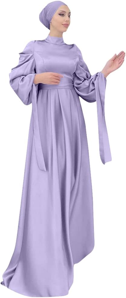 OBEEII Muslim Dress for Women Loose Full Cover Long Abaya Satin Dress Kaftan Abayas Islamic Robe S-XXL