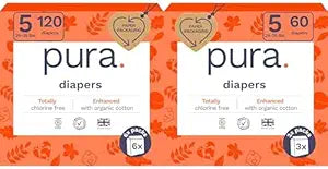Pura Size 6 Eco-Friendly Diapers (29+ lbs) Hypoallergenic, Soft Organic Cotton, Sustainable, up to 12 Hours Leak Protection, Allergy UK, Recyclable Paper Packaging, 18 Count (Pack of 3) (54 Diapers)