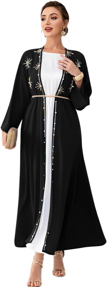 Muslim Abaya Long Sleeve Open Front Rhinestones Kaftan Cardigan Maxi Dress for Women with Belt