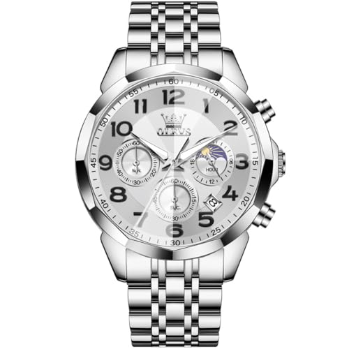 OLEVS Watches Men Luxury Chronograph Moon Phase Waterproof Luminous Watches for Men Analog Quartz Calendar Stainless Steel Strap Wrist Watches-(Black/Blue/Gold/Grey/Silver Face)