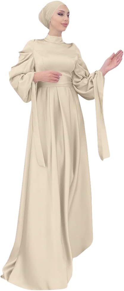 OBEEII Muslim Dress for Women Loose Full Cover Long Abaya Satin Dress Kaftan Abayas Islamic Robe S-XXL
