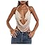 MakeMeChic Women's Y2k Crochet Halter Top Open Back Metal Ring Draped Front Summer Sequin Rave Party Going Out Tops