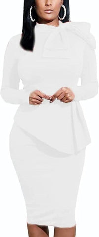 Women's Peplum Bodycon Long Sleeve Wear to Work Dresses Bow Party Club Ruffle Formal Cocktail Pencil Dress