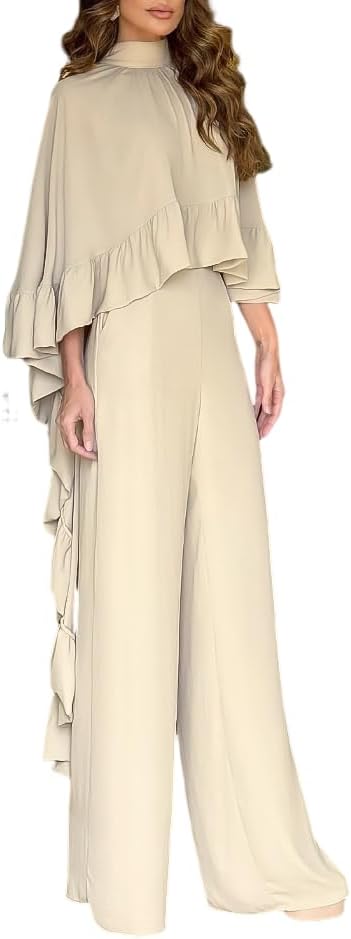 CHICME 2 Pieces Outfits for Women 2025 High-Low Ruffles Hem Cape Top and Casual Wide Leg Pants Travel Matching Sets
