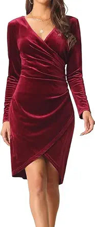 Women's V Neck Wrap Sexy Velvet Long Sleeve Elegant Bodycon Ruched Cocktail Party