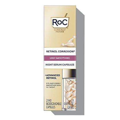 RoC Retinol Correxion Anti-Aging Wrinkle Night Serum, Retinol Serum for Face, Daily Treatment for Fine Lines, Post Acne Scars, 30 Capsules, Unscented, 0.35 Fl Oz