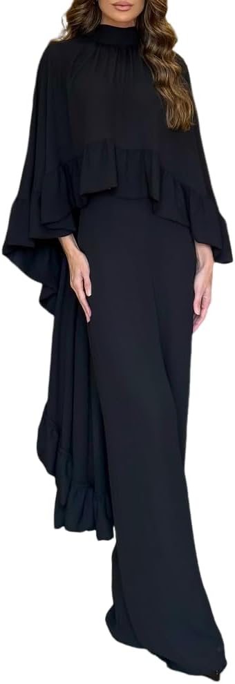 CHICME 2 Pieces Outfits for Women 2025 High-Low Ruffles Hem Cape Top and Casual Wide Leg Pants Travel Matching Sets