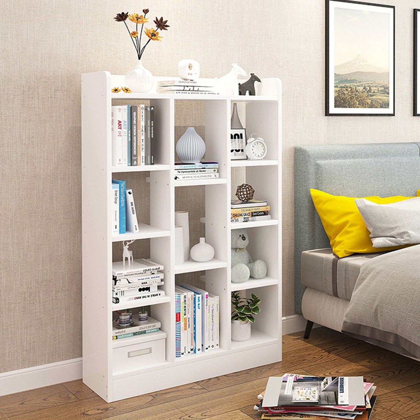 46" Tall Adjustable 4 - Shelf Wood Bookcase Storage Shelving Book Wide Bookshelf - 7DAY'S
