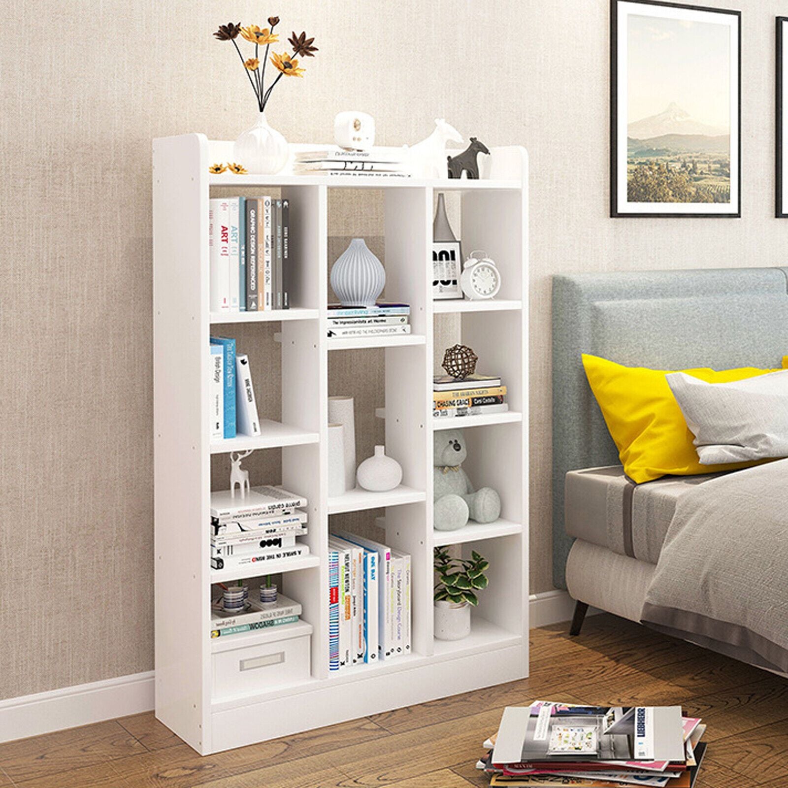 46" Tall Adjustable 4 - Shelf Wood Bookcase Storage Shelving Book Wide Bookshelf - 7DAY'S