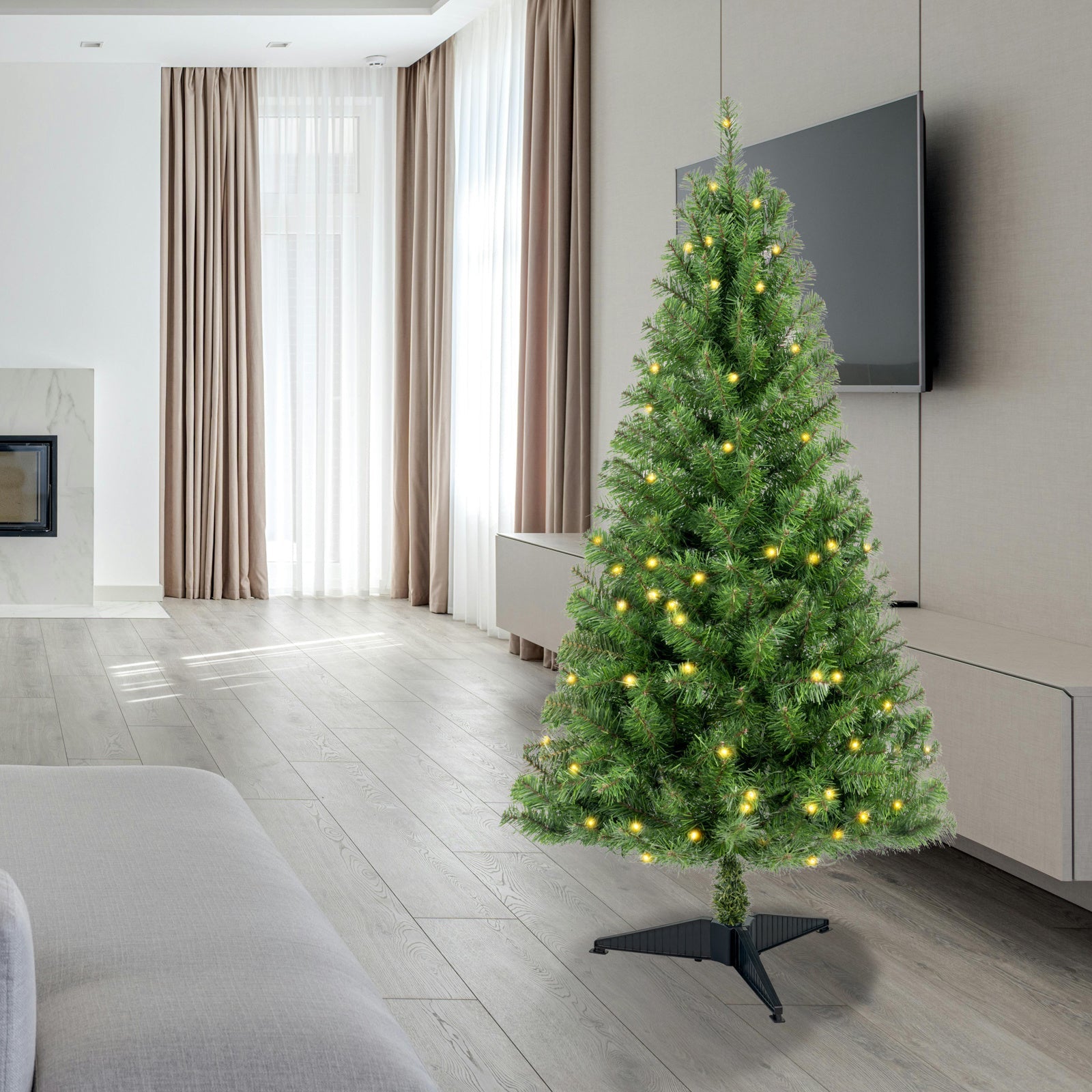 4ft Artificial Christmas Tree Prelit with Stand,100 Warm White LED Lights,Realistic 241 Branch Tips PVC Green Norwood Spruce Tree Easy Assembly for Indoor,Home - 7DAY'S