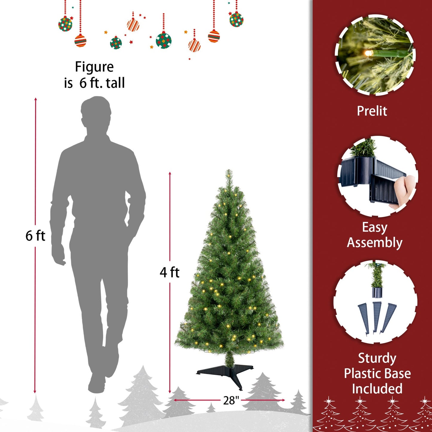 4ft Artificial Christmas Tree Prelit with Stand,100 Warm White LED Lights,Realistic 241 Branch Tips PVC Green Norwood Spruce Tree Easy Assembly for Indoor,Home - 7DAY'S