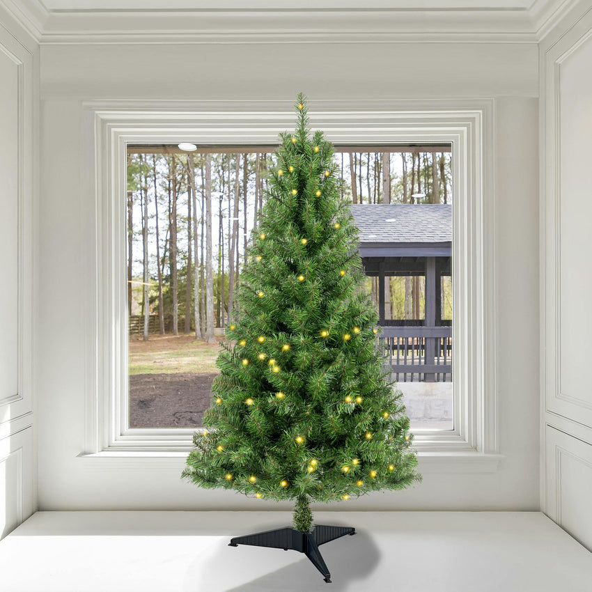 4ft Artificial Christmas Tree Prelit with Stand,100 Warm White LED Lights,Realistic 241 Branch Tips PVC Green Norwood Spruce Tree Easy Assembly for Indoor,Home - 7DAY'S