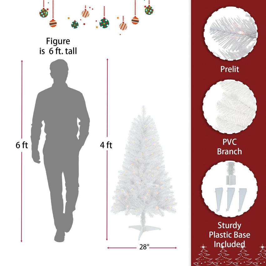 4ft White Artificial Christmas Tree Prelit With Stand ,100 Warm White Led Lights, Realistic 241 Branch Tips PVC White Norwood Spruce Tree Easy Assembly For Indoor, Home - 7DAY'S