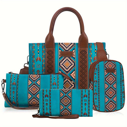 4Pcs women's purse Tote, retro work satchel lightweight, Boho chic tote everyday green - 7DAY'S