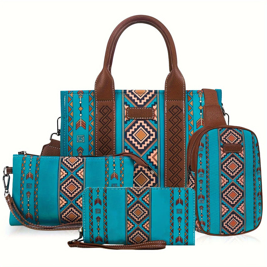 4Pcs women's purse Tote, retro work satchel lightweight, Boho chic tote everyday green - 7DAY'S