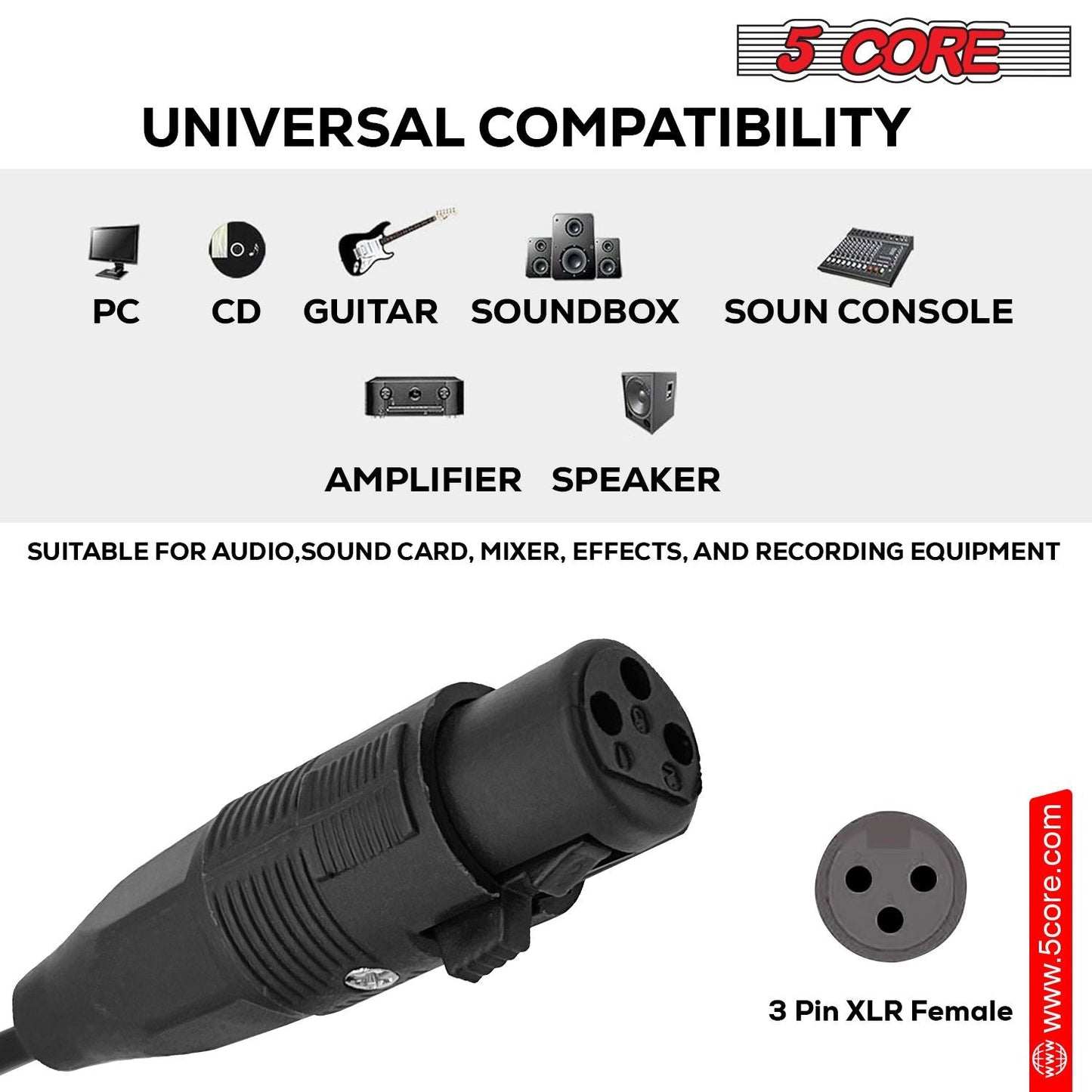5 Core 10 Pieces Female XLR to 1/4 Inch (6.35mm) TS Mono Jack Microphone Cable, Unbalanced 3 Pin XLR Female to Quarter inch TS Plug Mic Cord for Dynamic Microphone - Mic Cord 10PCS - 7DAY'S