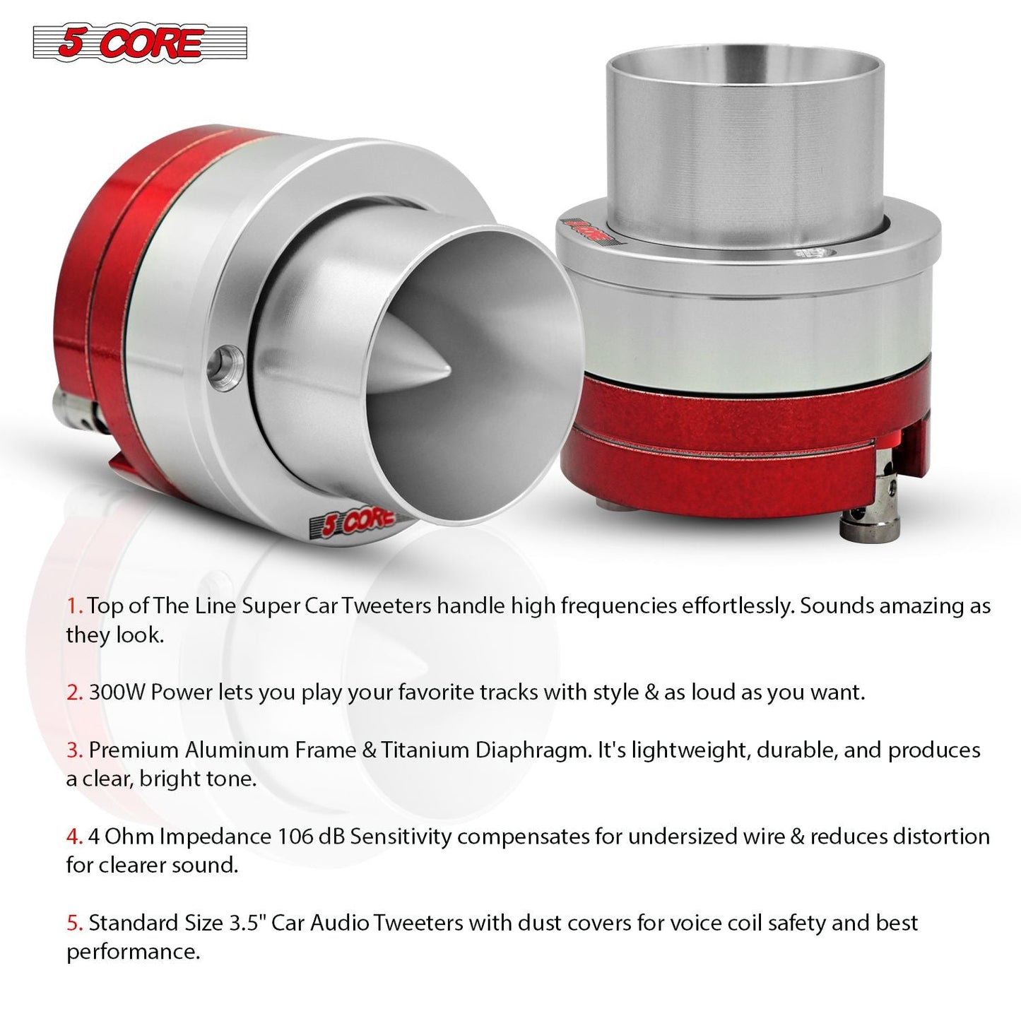 5 Core 3.5 Inch Tweeters 60W Max 30W RMS 25.4mm Voice Coil Super Tweeter Car Audio - TW ND 02 RED - 7DAY'S
