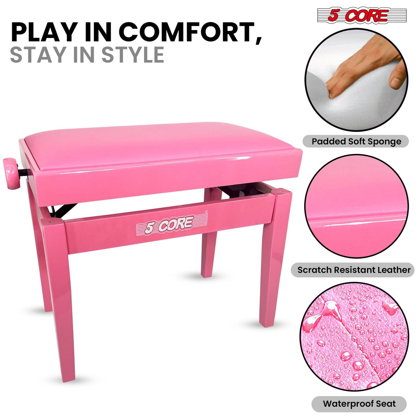 5 Core Adjustable Piano Bench Thick 3.25" Solid Wood Keyboard Stool Heavy Duty Musician Chair - 7DAY'S