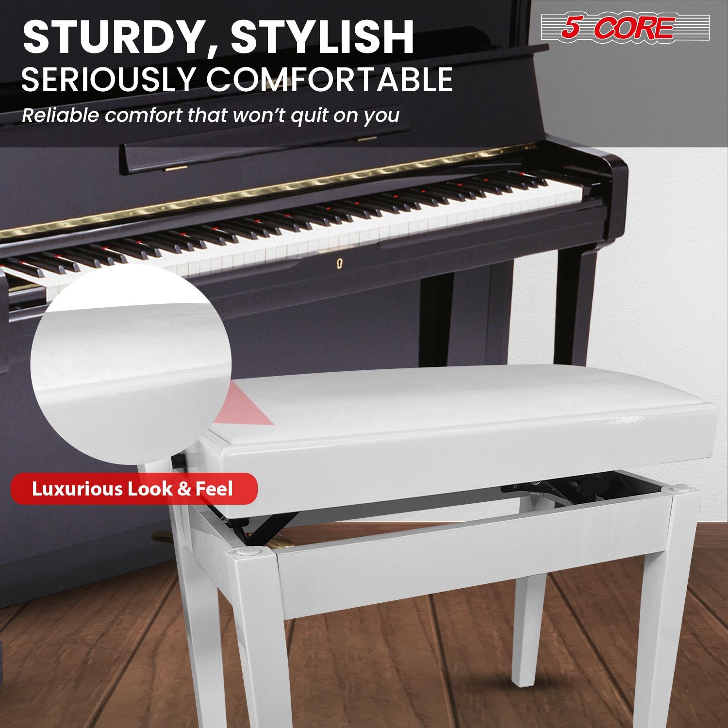 5 Core Adjustable Piano Bench Thick 3.25" Solid Wood Keyboard Stool Heavy Duty Musician Chair - 7DAY'S