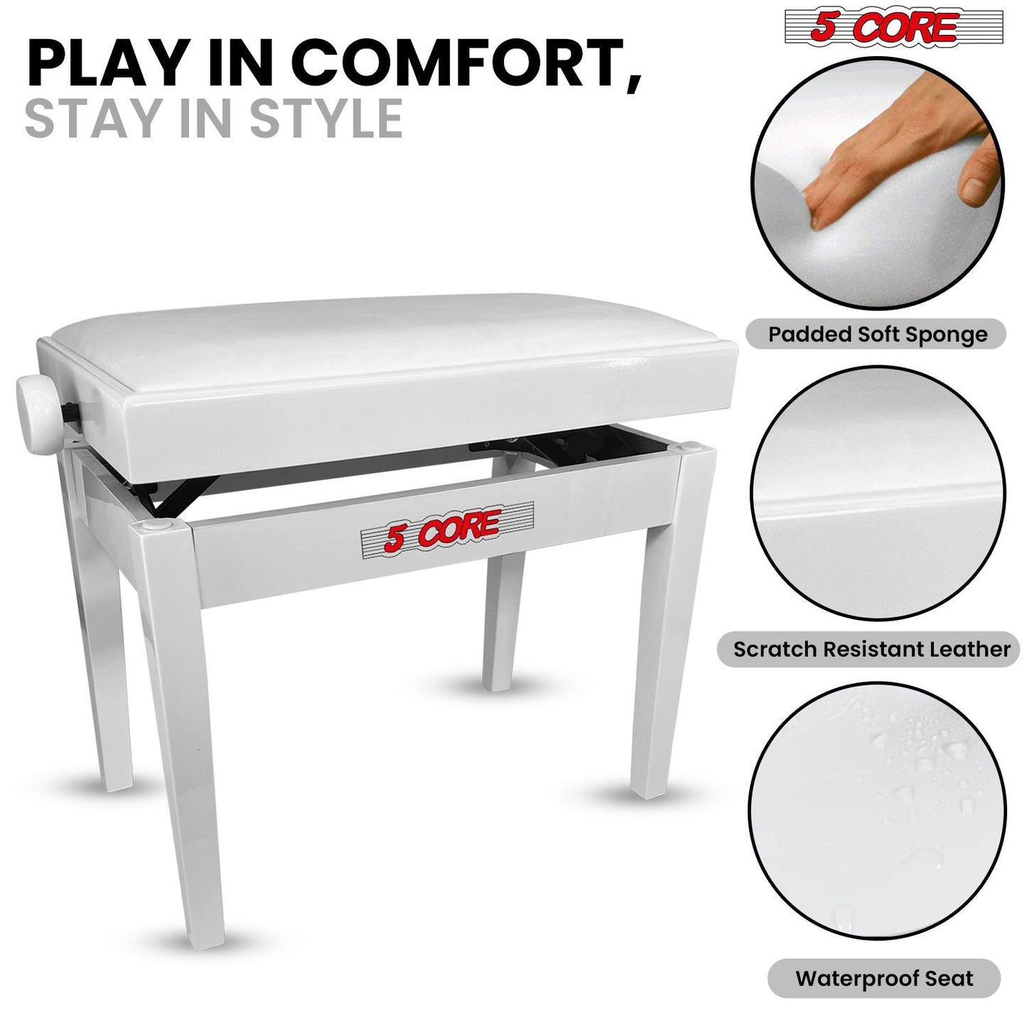 5 Core Adjustable Piano Bench Thick 3.25" Solid Wood Keyboard Stool Heavy Duty Musician Chair - 7DAY'S