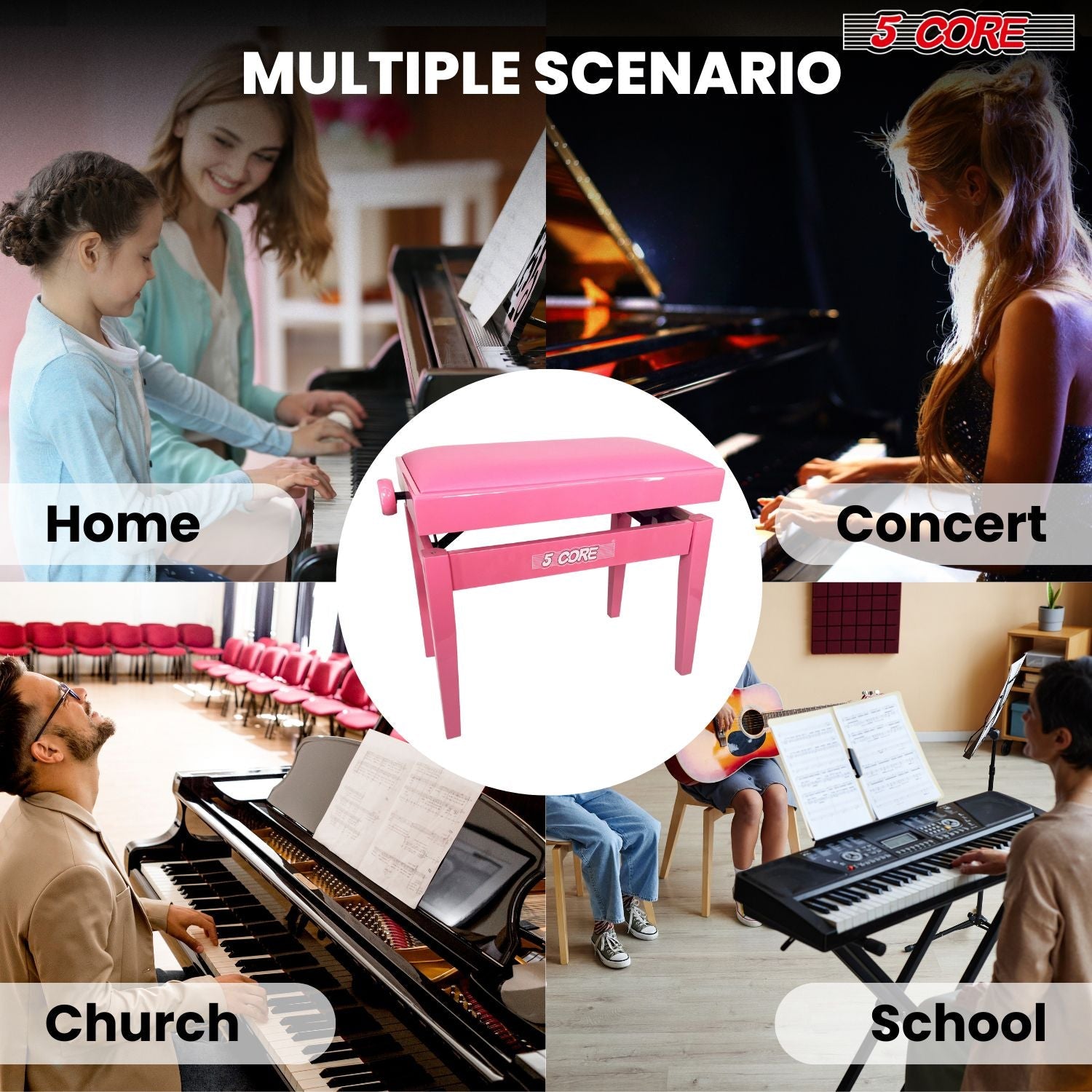 5 Core Adjustable Piano Bench Thick 3.25" Solid Wood Keyboard Stool Heavy Duty Musician Chair - 7DAY'S