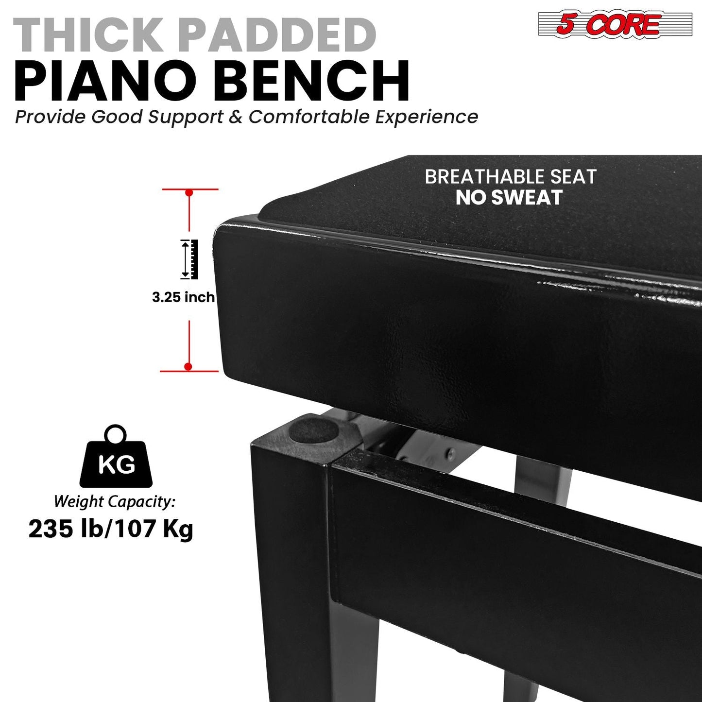 5 Core Adjustable Piano Bench Thick 3.25" Solid Wood Keyboard Stool Heavy Duty Musician Chair - 7DAY'S