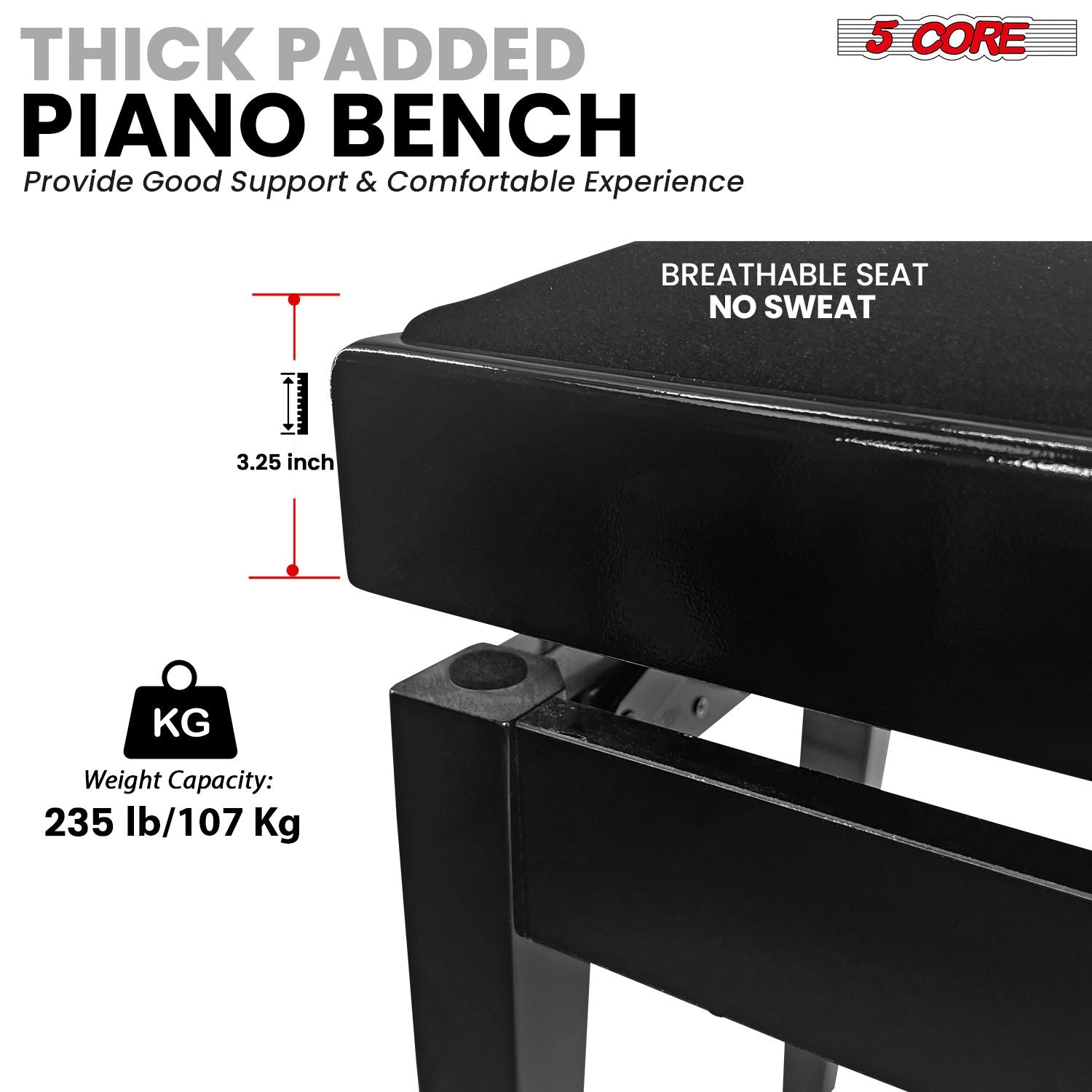 5 Core Adjustable Piano Bench Thick 3.25" Solid Wood Keyboard Stool Heavy Duty Musician Chair - 7DAY'S