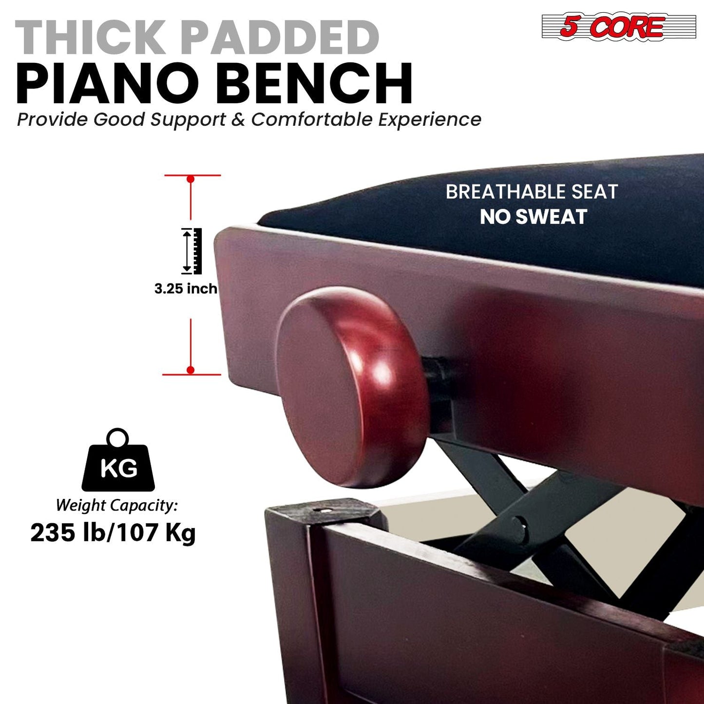 5 Core Adjustable Piano Bench Thick 3.25" Solid Wood Keyboard Stool Heavy Duty Musician Chair - 7DAY'S