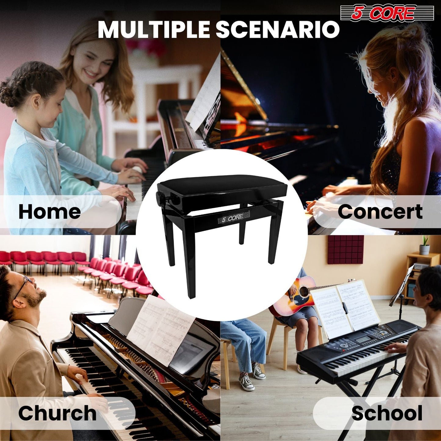 5 Core Adjustable Piano Bench Thick 3.25" Solid Wood Keyboard Stool Heavy Duty Musician Chair - 7DAY'S