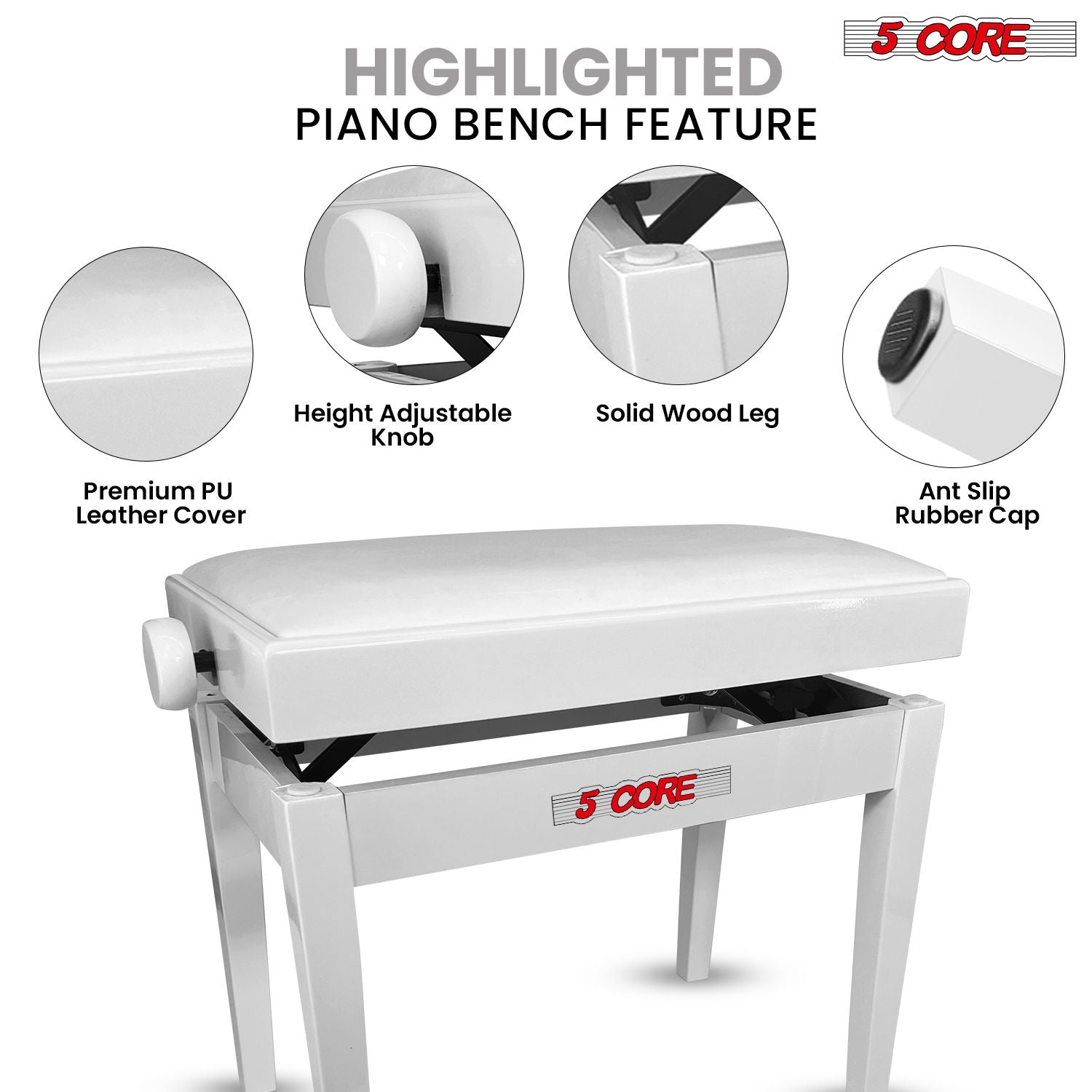 5 Core Adjustable Piano Bench Thick 3.25" Solid Wood Keyboard Stool Heavy Duty Musician Chair - 7DAY'S